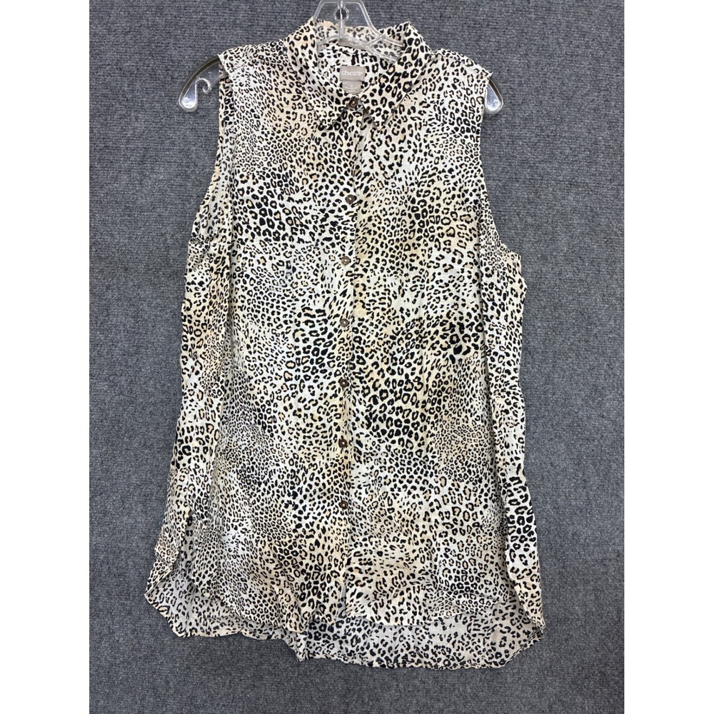 Chicos No Iron 100% Linen Sleeveless Leopard Print Button Down Shirt large